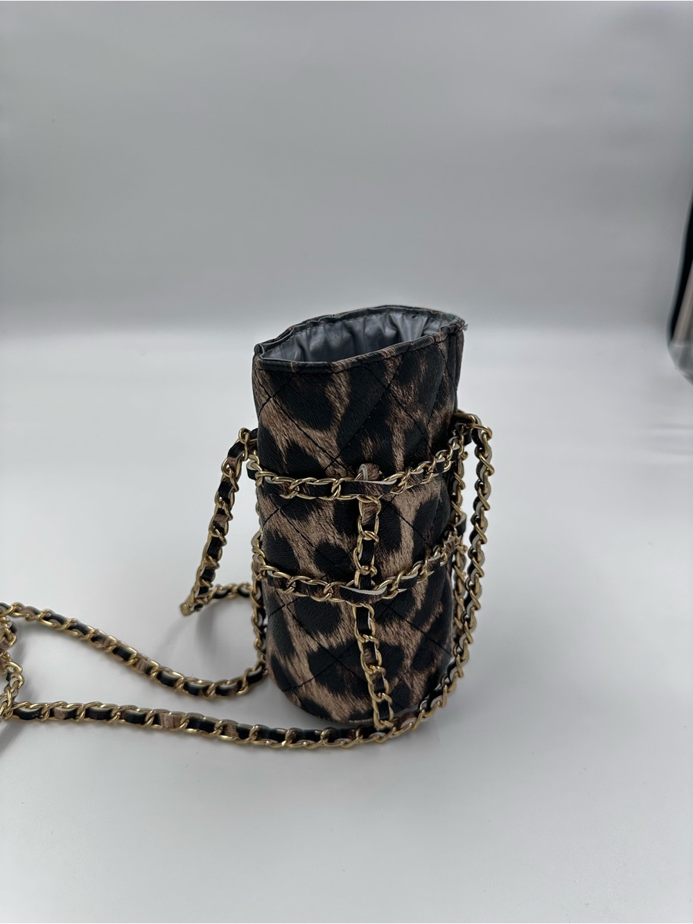 Leopard Print Chain Crossbody Bottle Holder Bag - Brown
